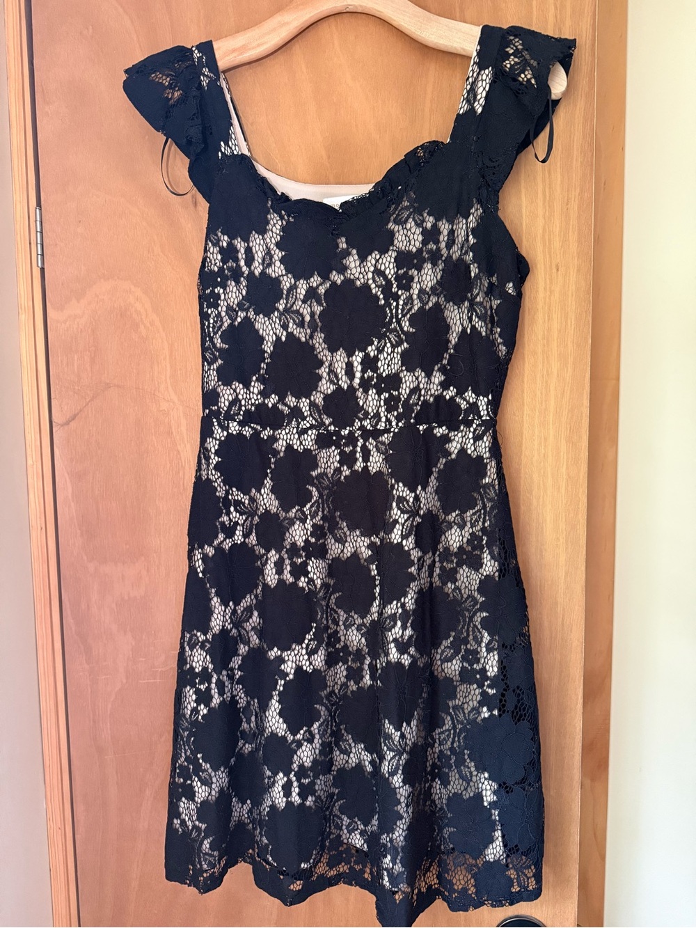 Monteau Black Floral Lace Mini Dress with Nude Lining
